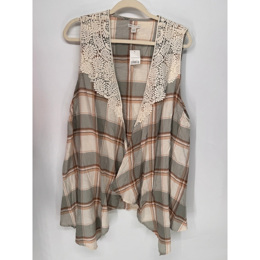 Cato Vest Women 18/20W Grey Plaid NWT Crochet Lace Open Front Waterfall Boho